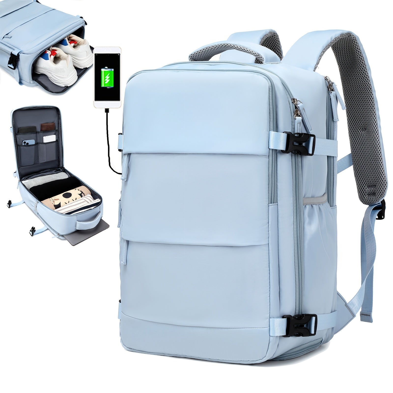 Airlines Approved Women'S Travel Backpack with Shoe Compartment, Casual Laptop Bag, Adjustable Strap, Zipper Closure, Polyester Lining, Solid Color, USB Powered - Multi-Color Options