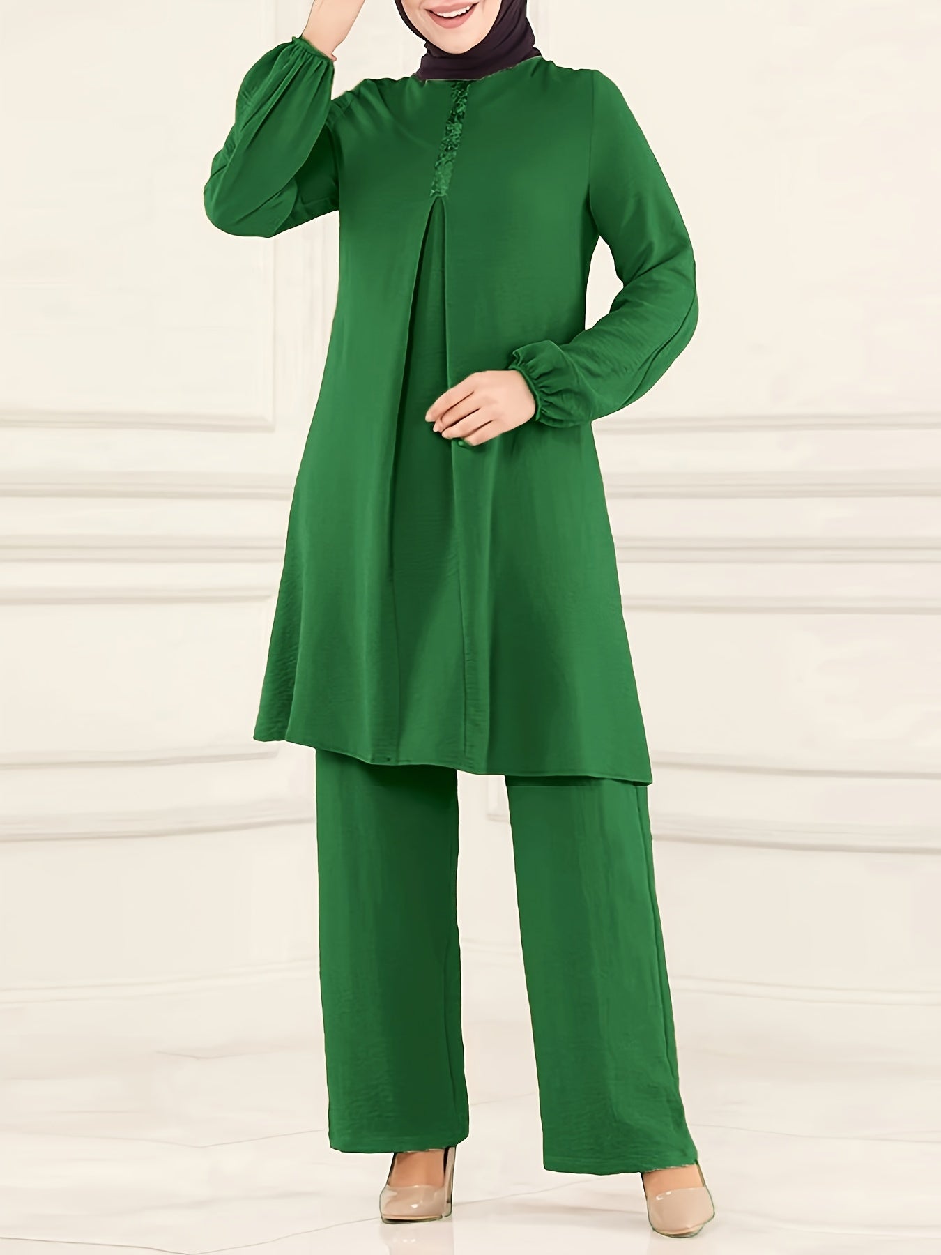 Ramadan Elegant Solid Muslim Two-piece Set, Long Sleeve Crew Neck Top & Straight Leg Pants Outfits, Women's Clothing