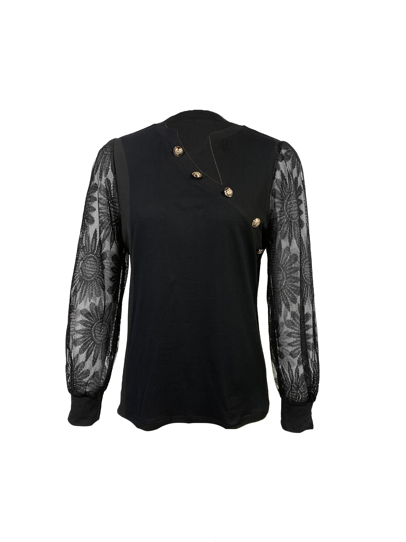 Ladies new solid color mesh print long sleeve irregular neckline unique design fit comfortable simple versatile top