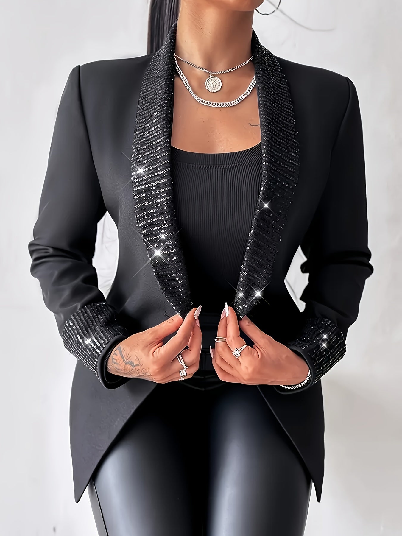 Elegant Women'S Jacket with a Round Collar And Sequined Cuffs, Featuring Long Sleeves.