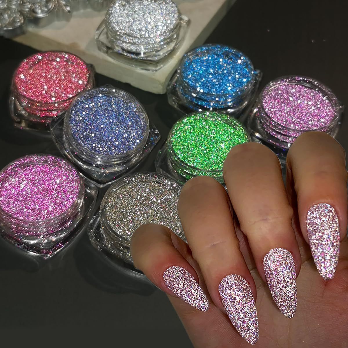 Reflective Glitter Powder Set, 16 Colors Sparkle Diamond Nail Glitter Dust, Silvery Pink Purple Green Loose Glitter for Nails, Shiny Sugar Nail Powder Dipping Pigment, Nail Supplies, Loose Glitter Powder