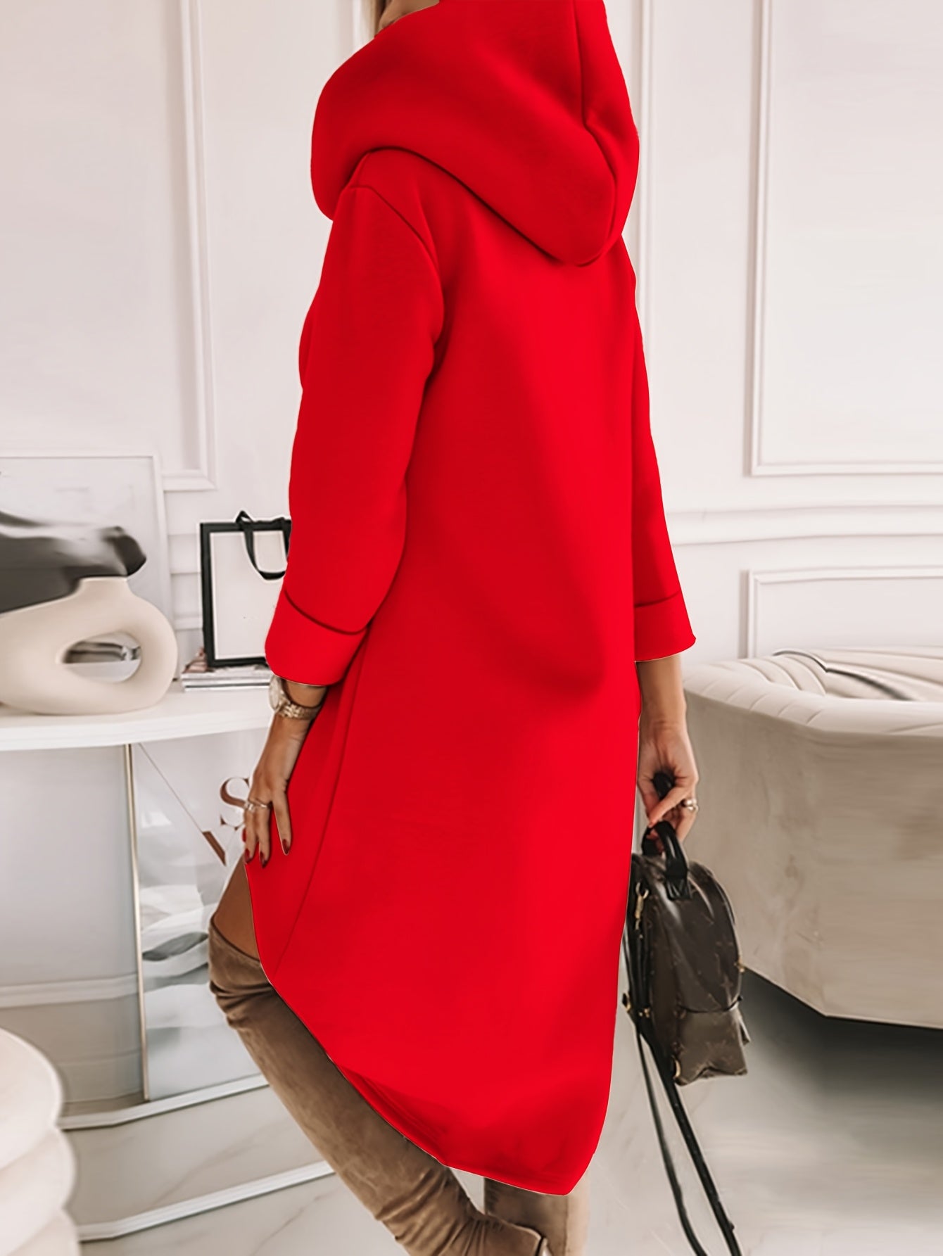 Women's Fashion Hooded Tunic Dress, 100% Polyester Knit Fabric, Geometric Pattern, Applique Detail, for Spring/Summer/Fall