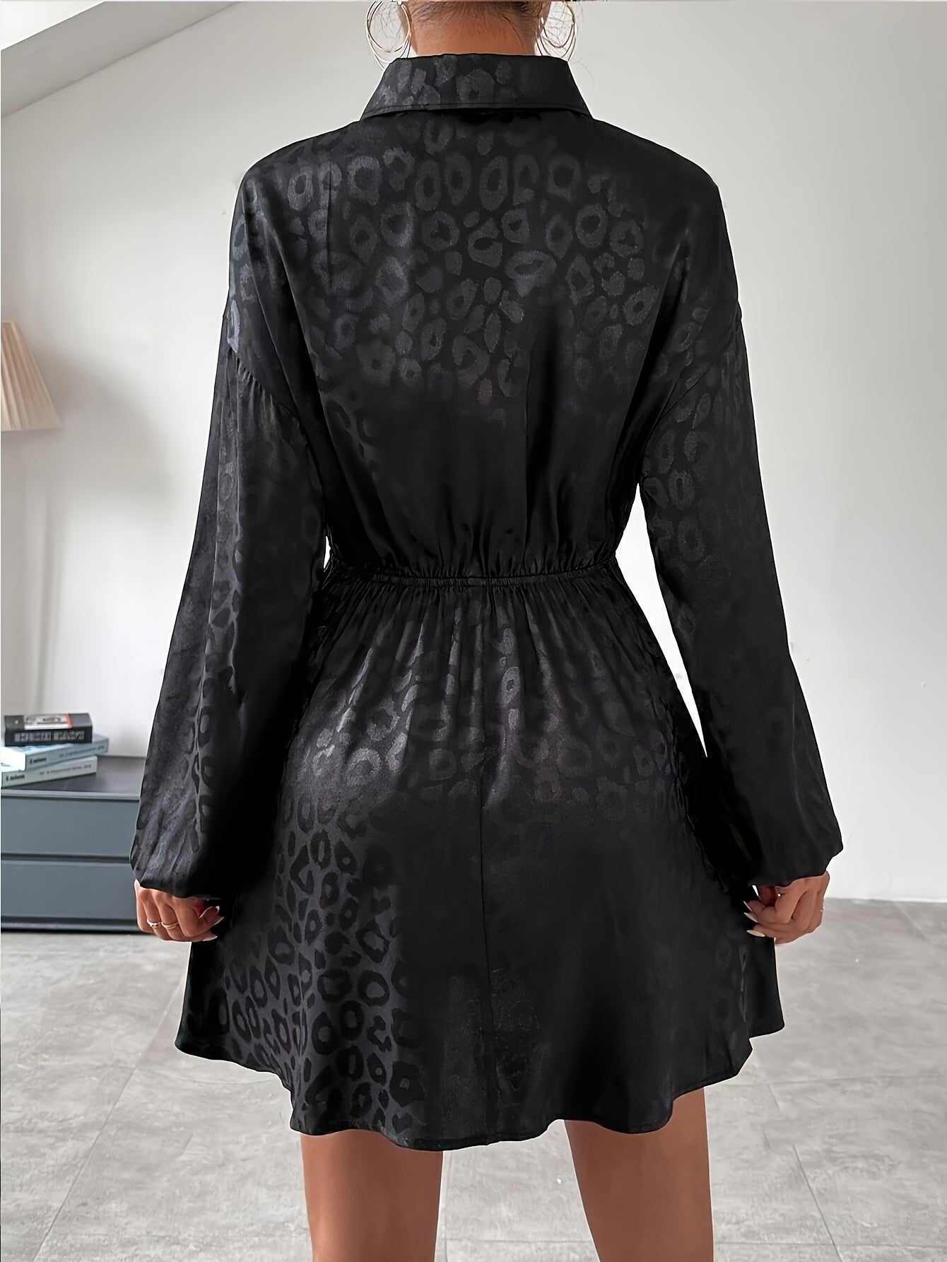 Elegant Women's A-Line Dress - Long Sleeve, Button-Up Collar, Non-Sheer Solid Black with Chain Belt Detail (Belt Not Included) - Machine Washable, All-Season Fashion for Adults