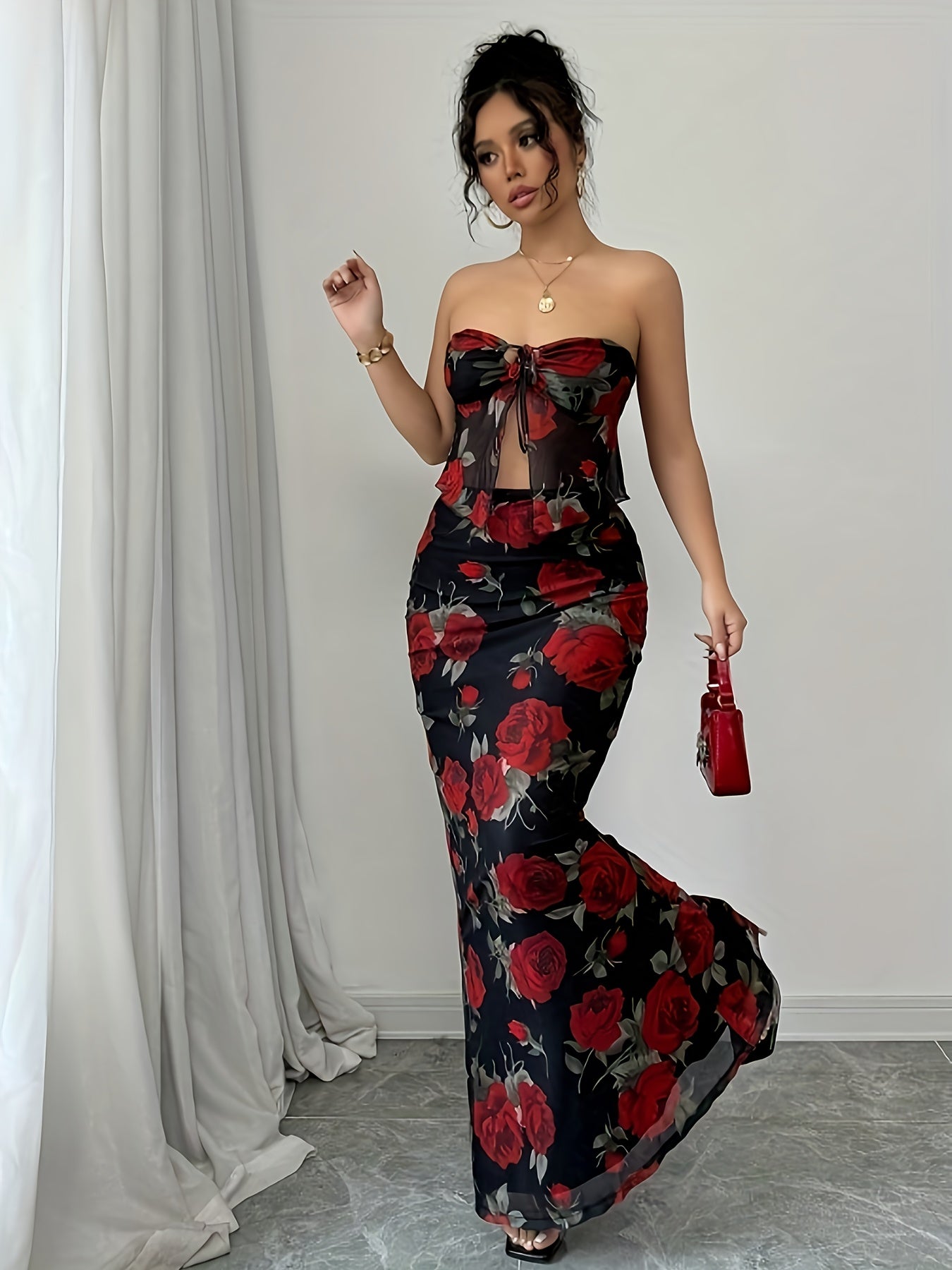Elegant Two-Piece Set Featuring a Red And Black Rose Print, a Sexy Strapless Long Mermaid Dress.