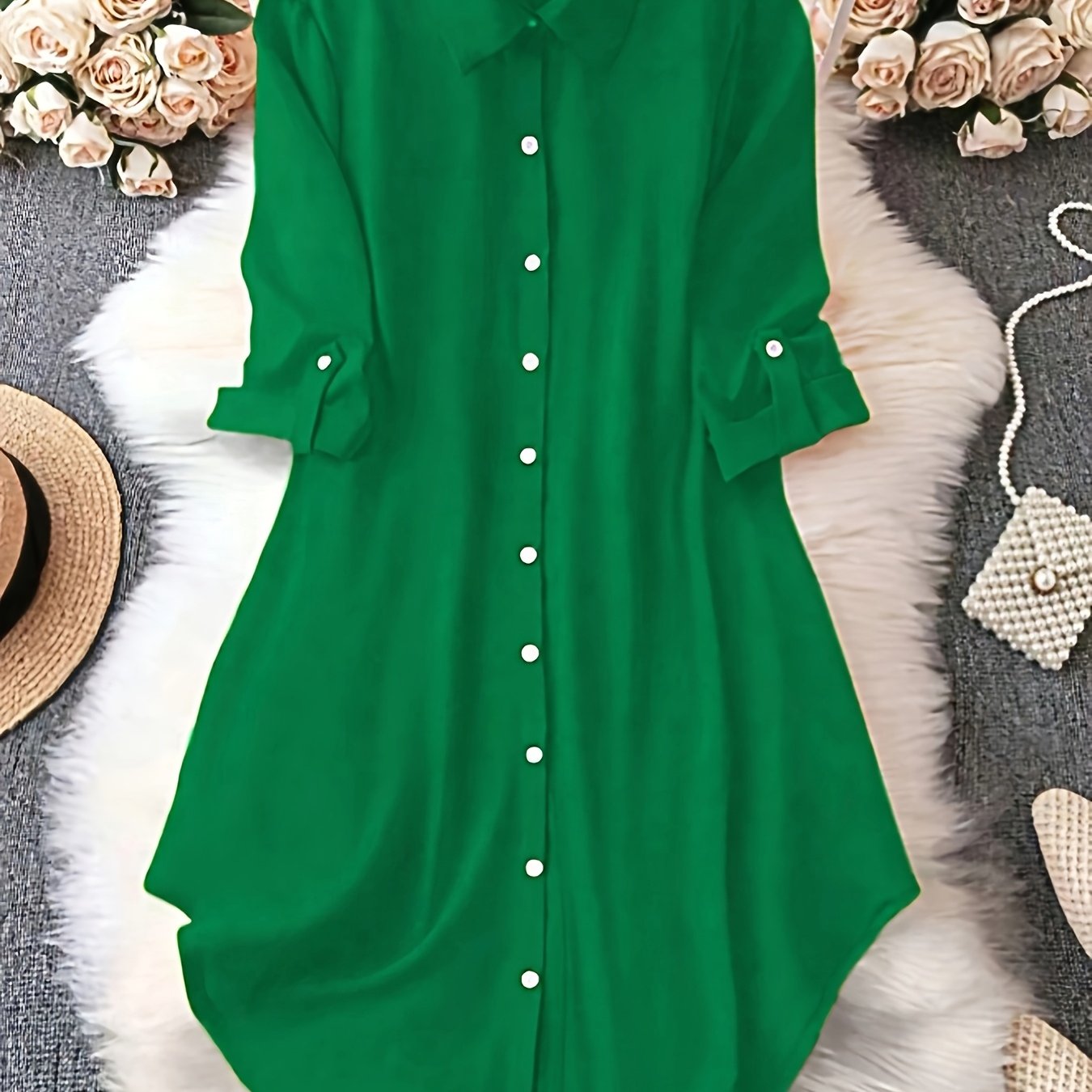 Women'S Light Blue Dress Shirt with Front Buttons and Sleeves - Casual Crew Neck, Long Sleeve, Solid Color, Polyester, Perfect for Spring and Fall, Ladies Dress