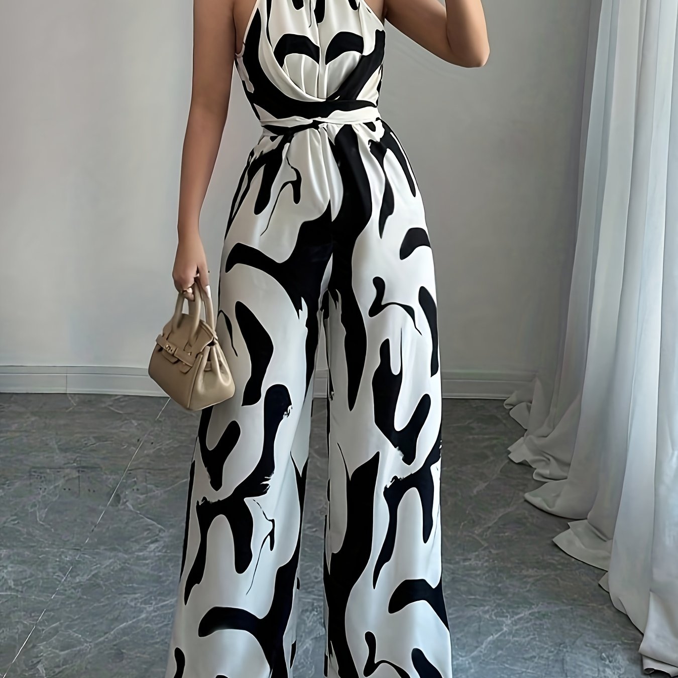 Women's Elegant Off-Shoulder Print Jumpsuit with Wide Legs and Tie Waist - Black & White Abstract Pattern, Polyester Fabric, Perfect for Vacation and Everyday Chic