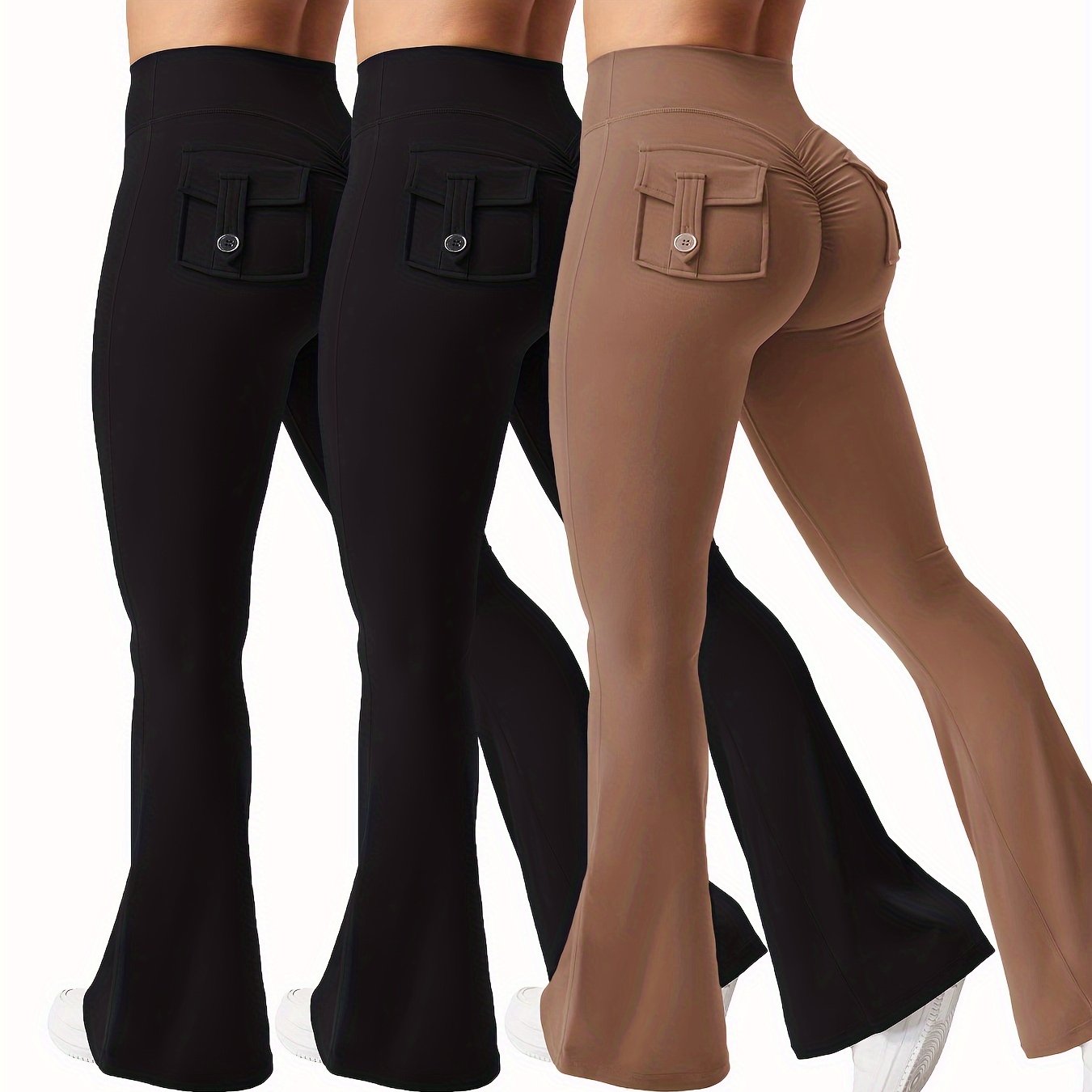 3pcs Women's High Elasticity Yoga Pants with Pockets - Soft Flared Leg Workwear-Style Fitness Pants, Elastic Waistband Tight-Fit Butt-Lifting for Running, Gym & Casual Wear (Black/Grey/Brown), Running Attire | Highwaisted Fla