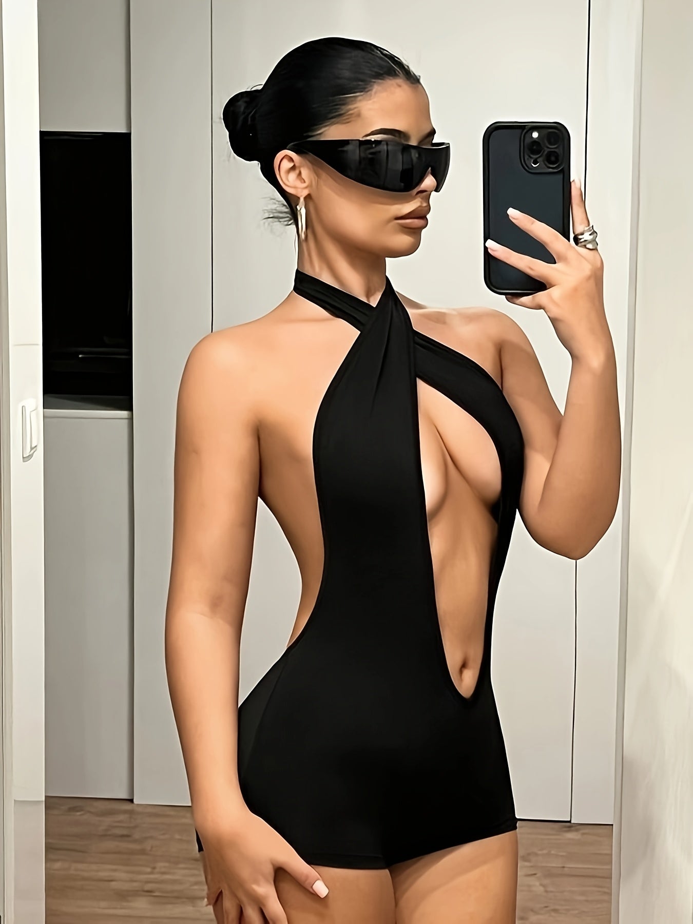 Sexy Black Halter Neck Backless Romper with Deep V Cut-Out Design - Women’s Stretchy One-Piece Swimsuit for Beach & Party Wear, Bathing Suit