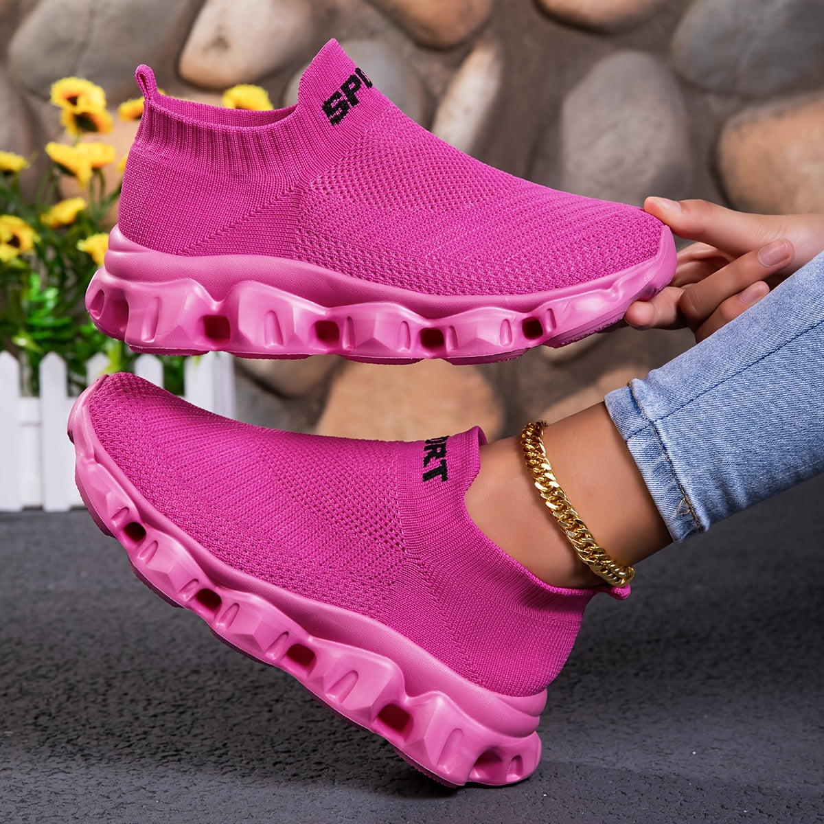 Women'S Fashion Sneakers, Breathable Knitted Fabric Upper, Slip-On Low Top Sports Shoes, Solid Color, EVA Sole, All-Season Casual Athletic Footwear