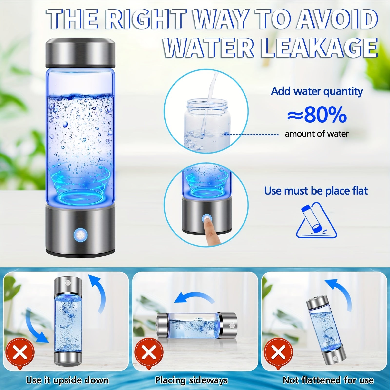 Portable hydrogen water bottle, upgraded version of 1000mAh rich in hydrogen water cup, rechargeable electrolytic hydrogen generator for 3 minutes, bubble machine spare parts, suitable for home office travel fitness