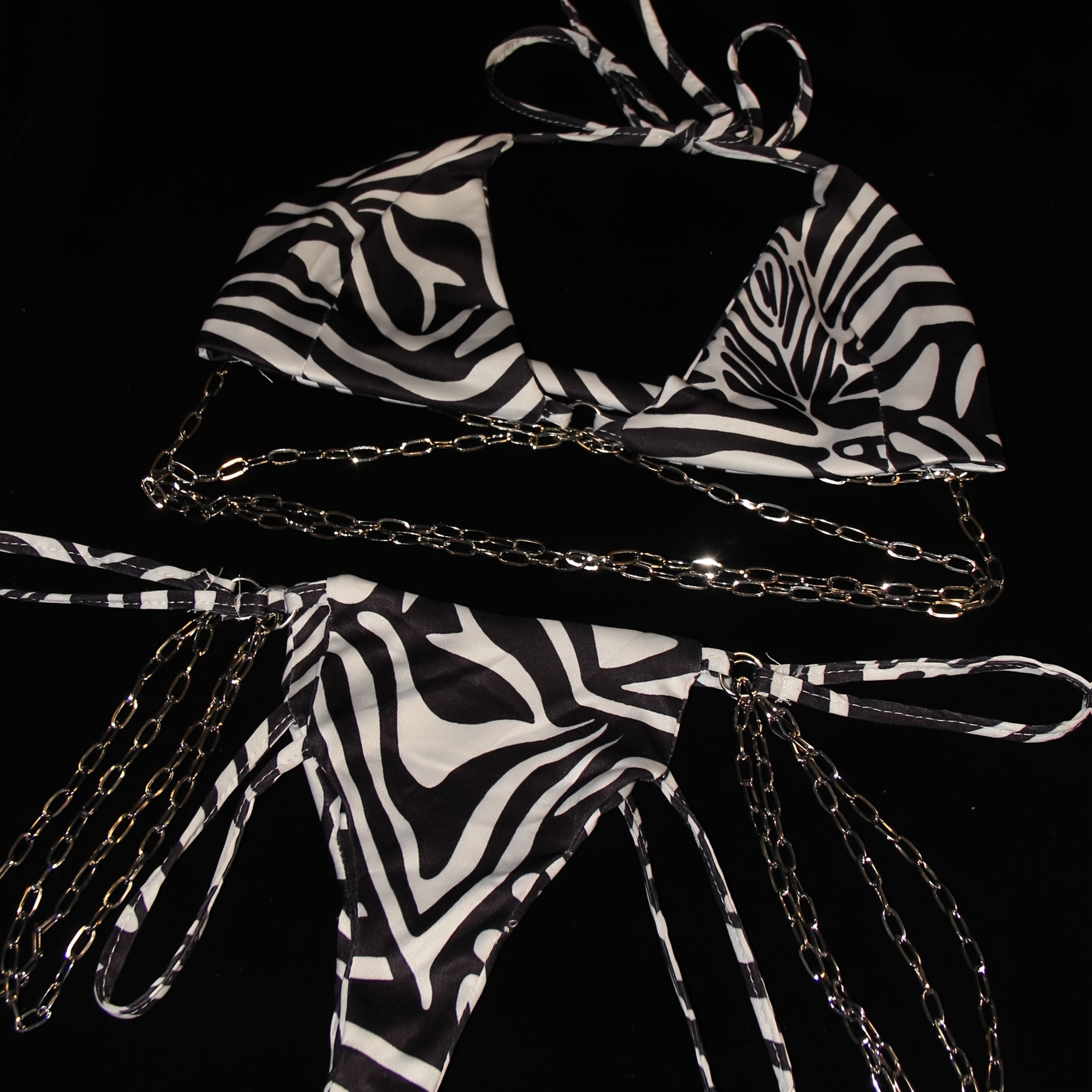 2pcs Women Sexy Punk Style Bikini Set Zebra-stripe Halter Personality Chain Decoration Swimsuit Hot Spring Three-Point Swimwear