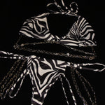 2pcs Women Sexy Punk Style Bikini Set Zebra-stripe Halter Personality Chain Decoration Swimsuit Hot Spring Three-Point Swimwear