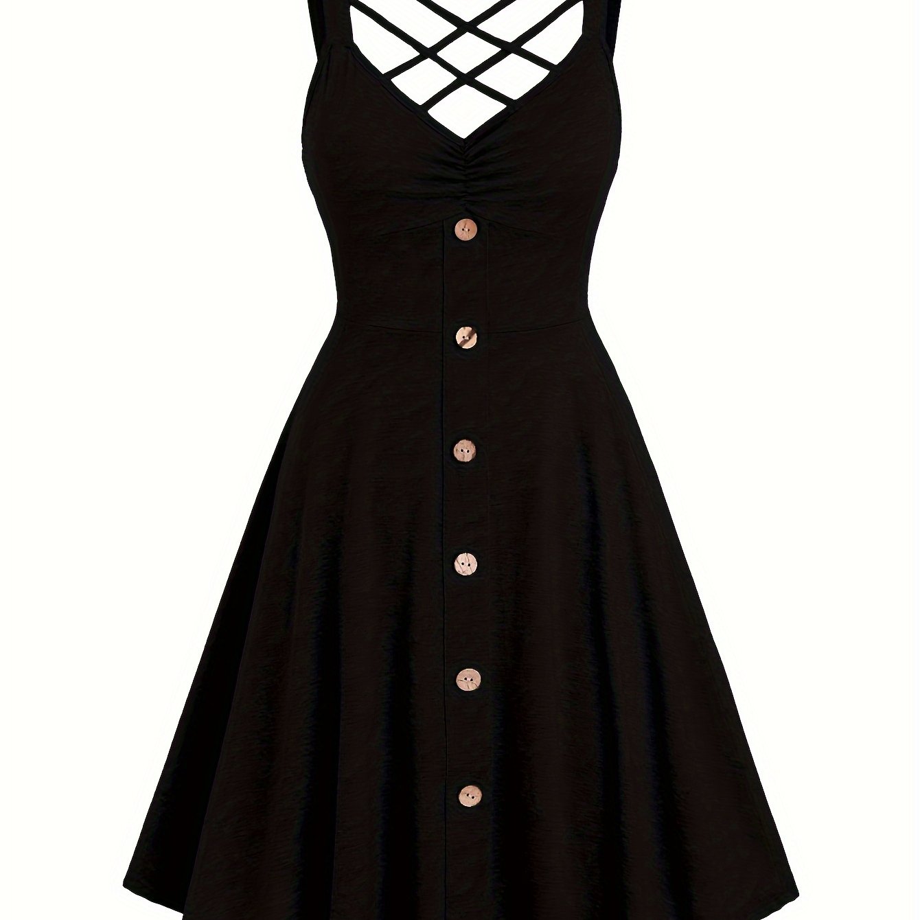 [Ruched V-neck Tank Dress] Button Decor Ruched V-neck Tank Dress, Versatile Sleeveless Criss Cross Dress For Spring & Summer, Women's Clothing