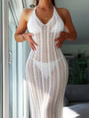 Women's Plain White Knitted Hollow Out Halter Tie Neck Backless Elegant Vacay Style Cover Up Dress Without Bikini
