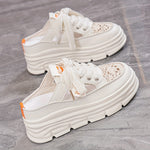 Women's Stylish Thick-Sole Platform Sandals - White & Orange, Round Toe, PU Cover, Lace-Up Design, Summer Outdoor Shoes with Rubber Sole for Added Height, Ladies Sandals
