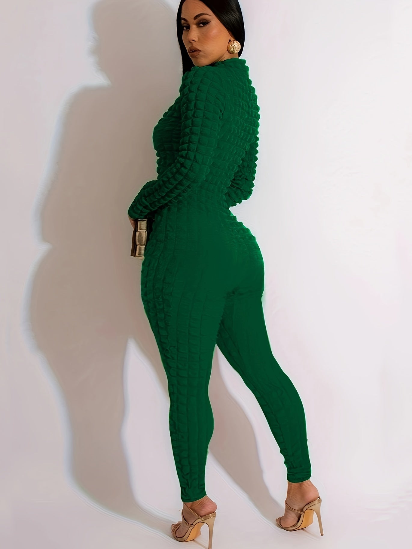Women'S Solid Color Popcorn Jumpsuit, Polyester 95% Spandex 5% Long Sleeve Crew Neck Knit Fabric, Chain Detail, Regular Sleeve, Spring/Fall Season, 250g/m² Fabric Weight
