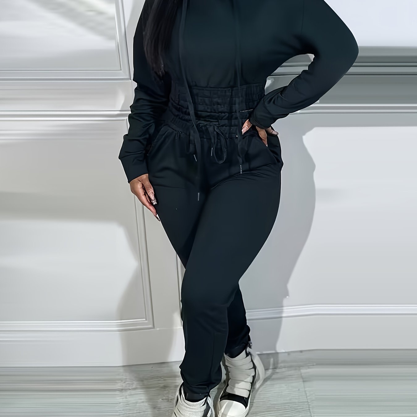 Two-piece Long Sleeve Kangaroo Pocket Drawstring Hoodie & High Waist Drawstring Jogger Pants, Casual Solid Color Women's Clothing Set