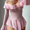 Women Lingerie Chemise Nightdress Solid Color See-Through Ruffles Dress Nightgown Sleepwear Slips Nightie with Thong