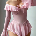 Women Lingerie Chemise Nightdress Solid Color See-Through Ruffles Dress Nightgown Sleepwear Slips Nightie with Thong