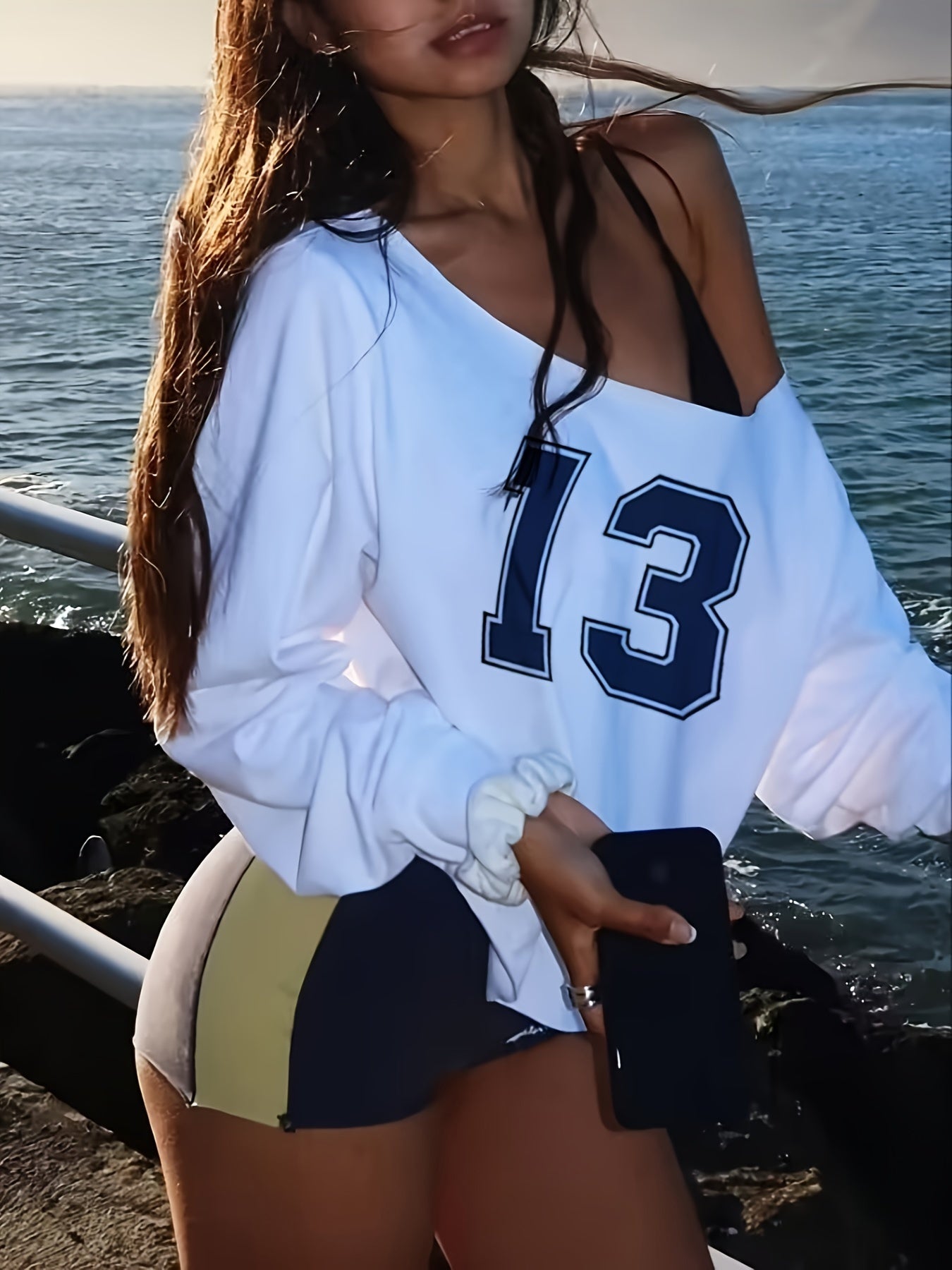 Women'S Fashion Knit Off-Shoulder Long Sleeve T-Shirt with Letter Print, Regular Fit, Polyester, All-Season, Casual Top
