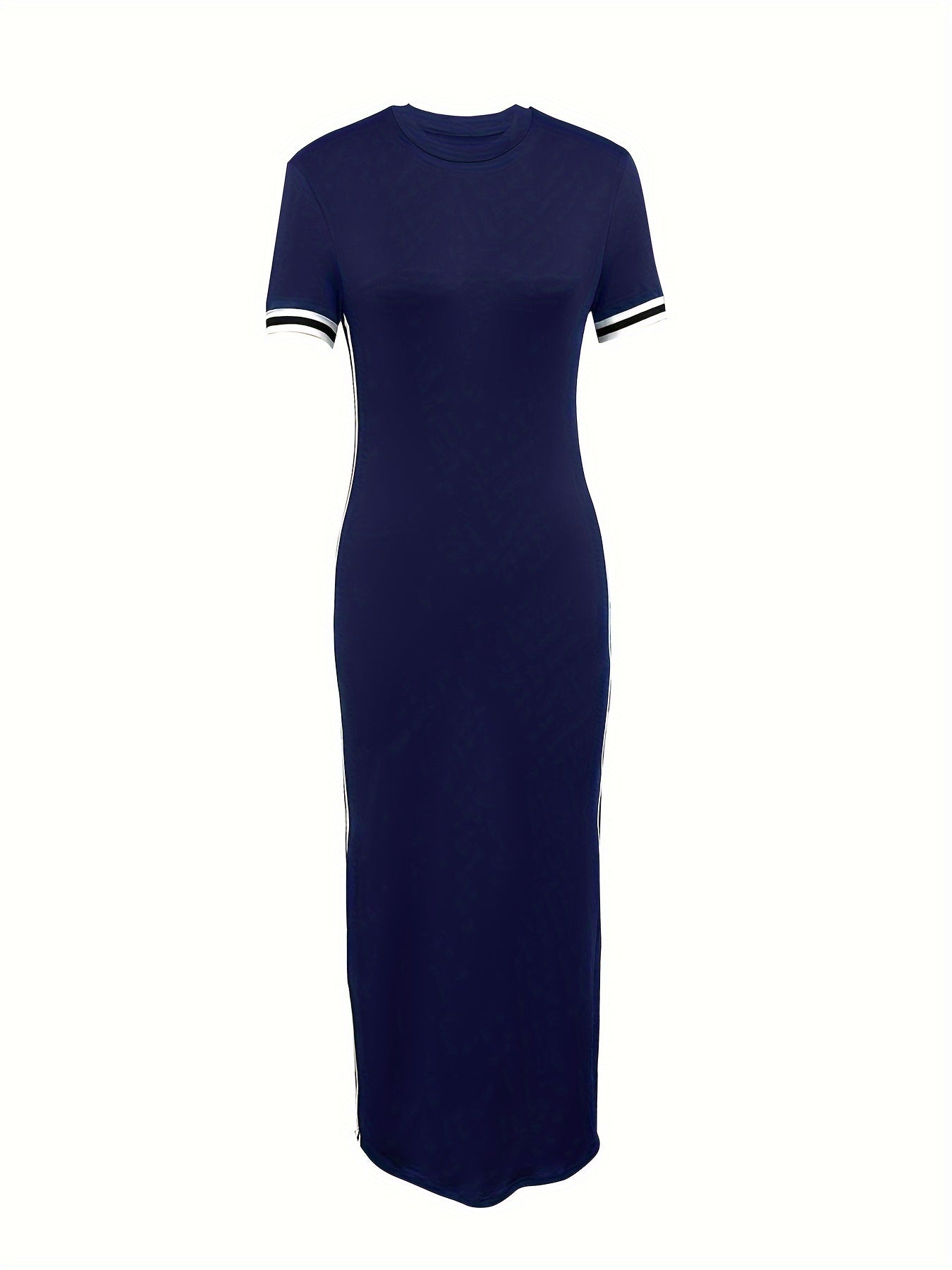 Contrast Trim Split Hem Bodycon Dress, Short Sleeve Crew Neck Casual Dress, Women's Clothing For Party Dressing