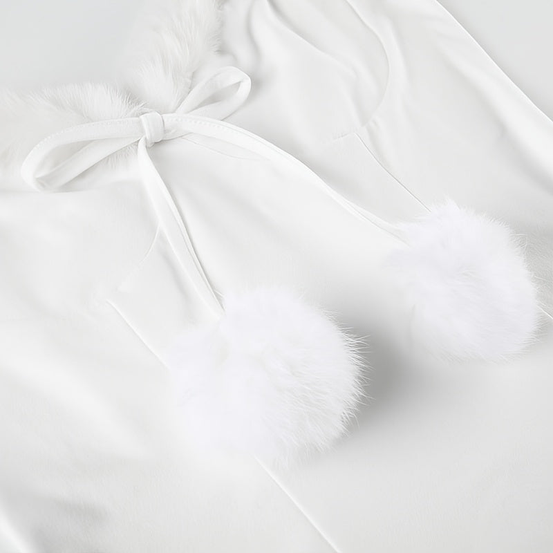Women'S White Furry Trim Spaghetti Strap Dress, Sexy Sleeveless Knit Slip with Raw Hem Detail, Polyester 95% Elastane 5%, Solid Color, Fall/Winter Collection
