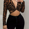 Allover Print Plunging Crop T-Shirt, Sexy Long Sleeve T-Shirt For Spring & Fall, Women's Clothing