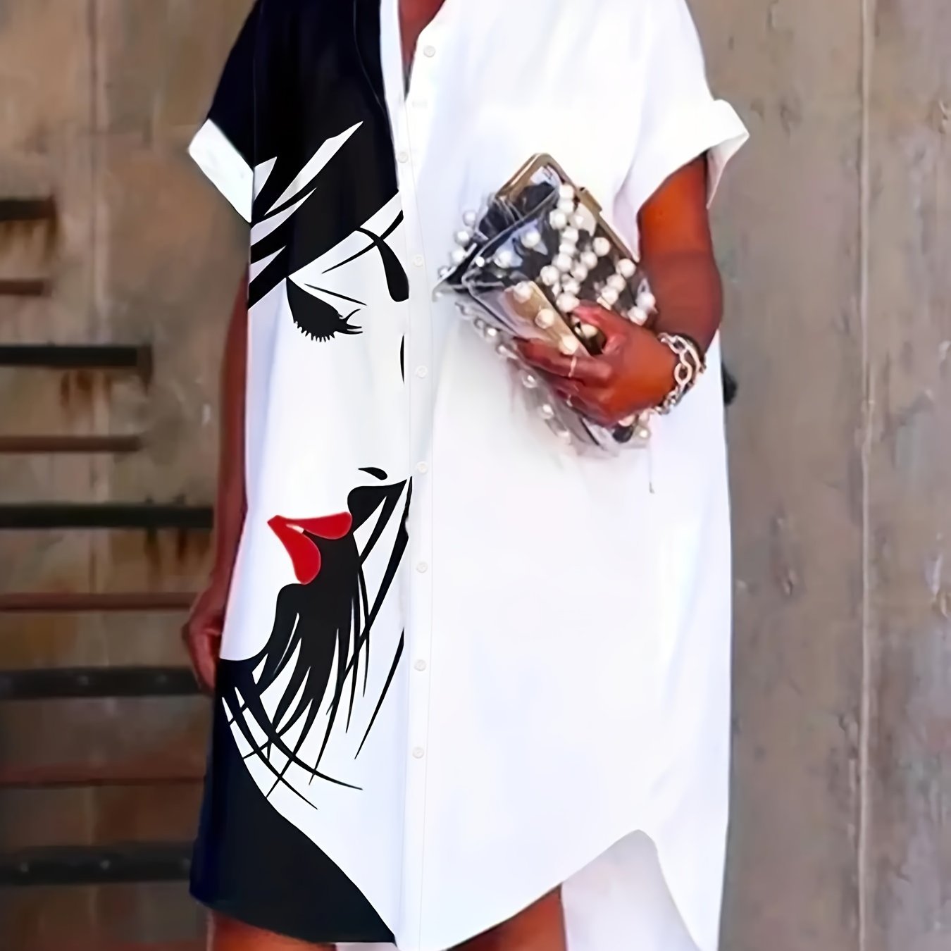 Figure Print Button Front Blouse, Casual Short Sleeve Mid-length Blouse For Spring & Summer, Women's Clothing