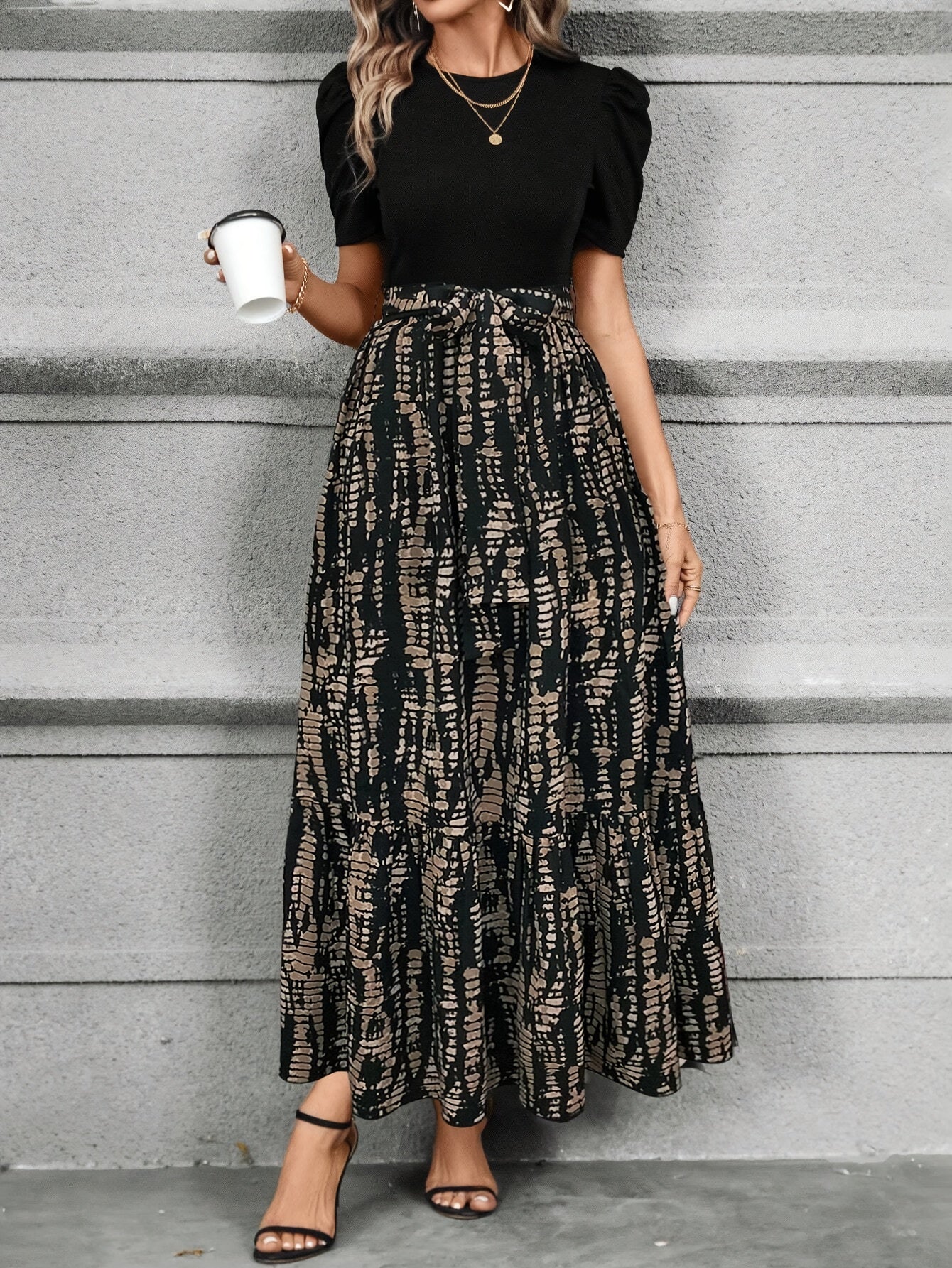 [Short Sleeve A-Line Dress] Versatile Beauty, Elegant Floral Print Dress with Belt - Crew Neck, Short Sleeve, A-Line Design for Women - Machine Washable Polyester