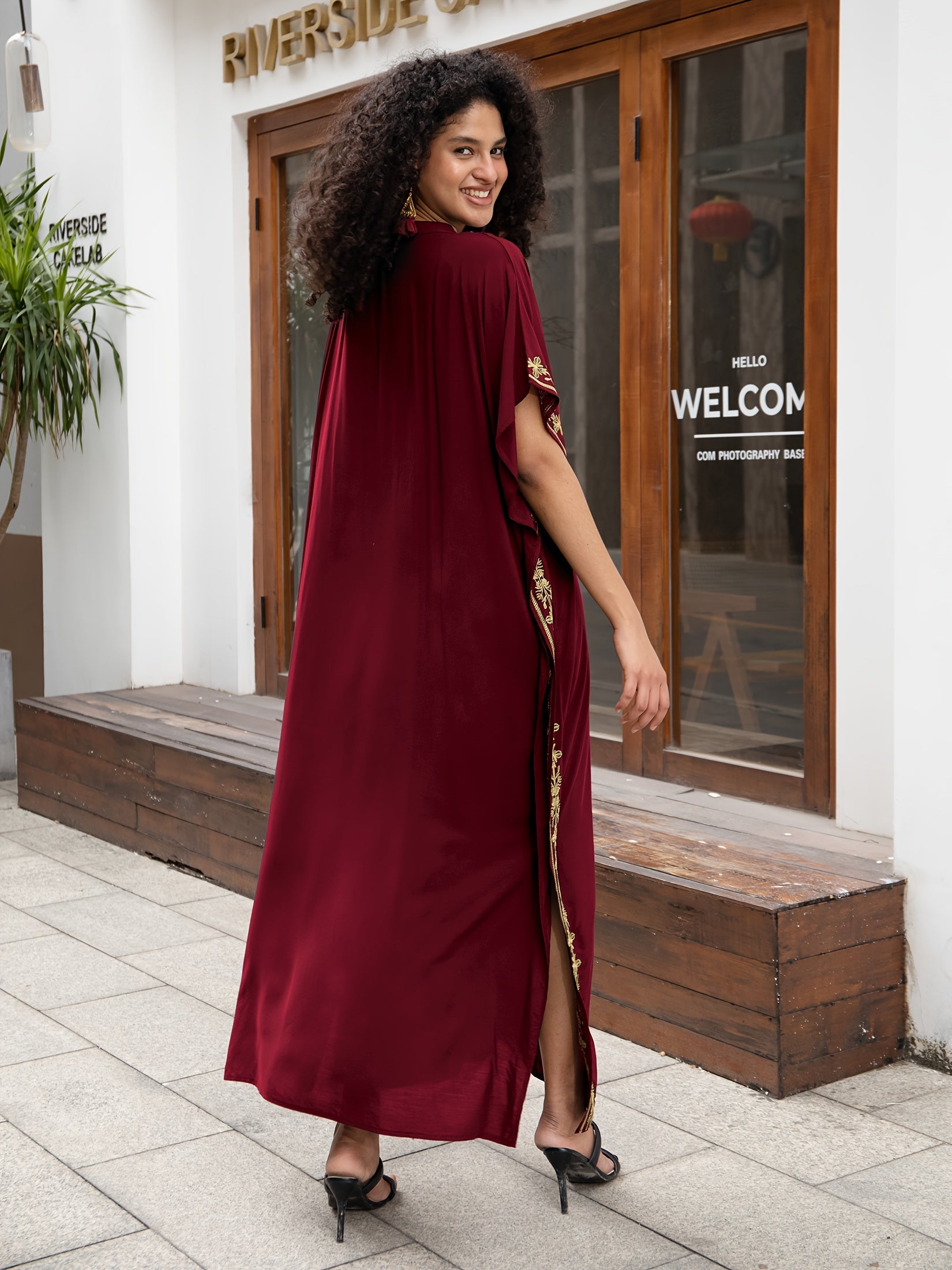 Bohemian Golden Embroidered Plus Size Maxi Dress with Bat Sleeves for Ramadan