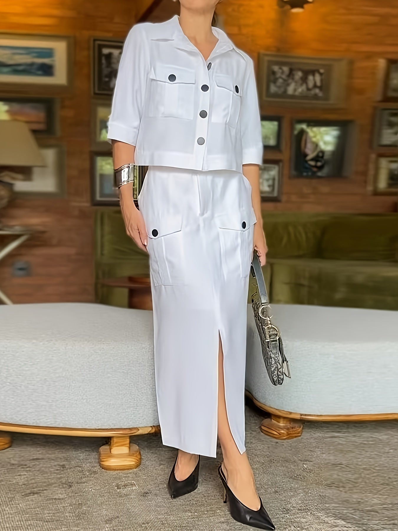 Elegant Light Blue Women'S Summer Casual Flap Collar Dress Set - Sleeveless Top with Pockets, High-Waisted Skirt with Slit, Stylish Black Heels, Perfect for Spring and Summer, Casual Attire|Modern Casualwear|Pocketed Skirt