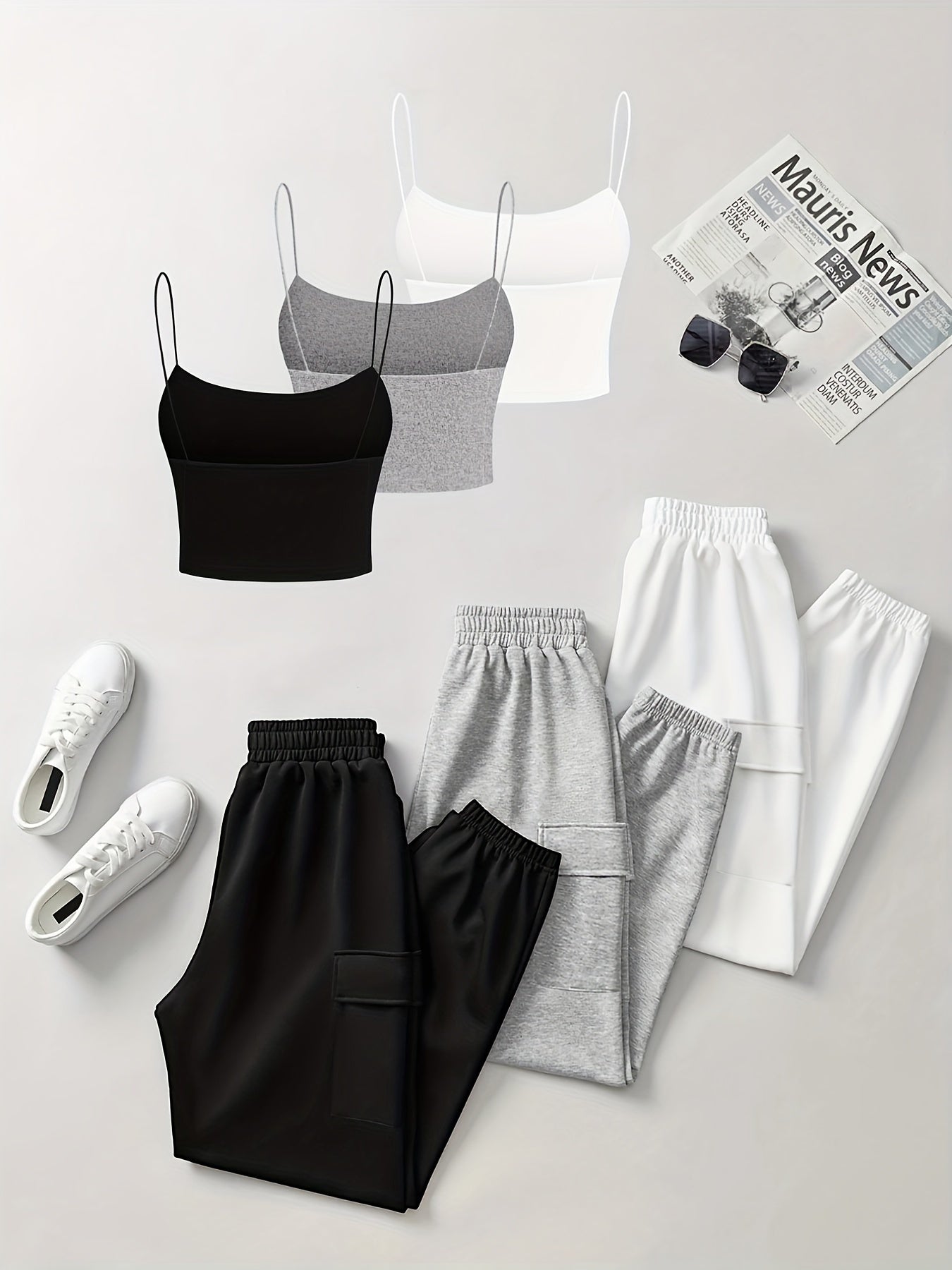 [Stylish Lounge Wear Set] 6pcs Comfortable Polyester Vest and Sweatpants Set - Solid Color Knit Fabric, All-Season Lounge Wear with Pockets