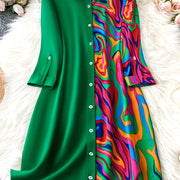 [Elegant A-line Shirt Dress] Elegant 3/4 Sleeve Color Block Button Front Shirt Dress - Loose A-line Dress for Spring & Fall - Women's Clothing