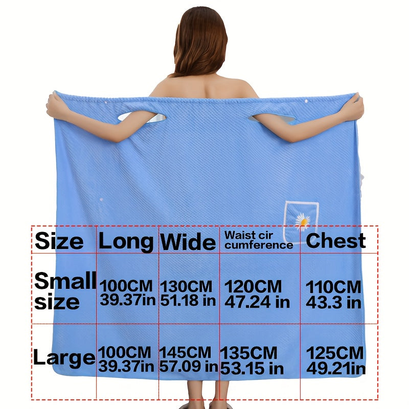 Light Blue Extra-Long Coral Fleece Bath Towel with Daisy Pocket - Super Absorbent, Machine Washable, Soft & Durable for Bathroom Use, Robe Wear | Detailing | Light Blue Coral Fleece
