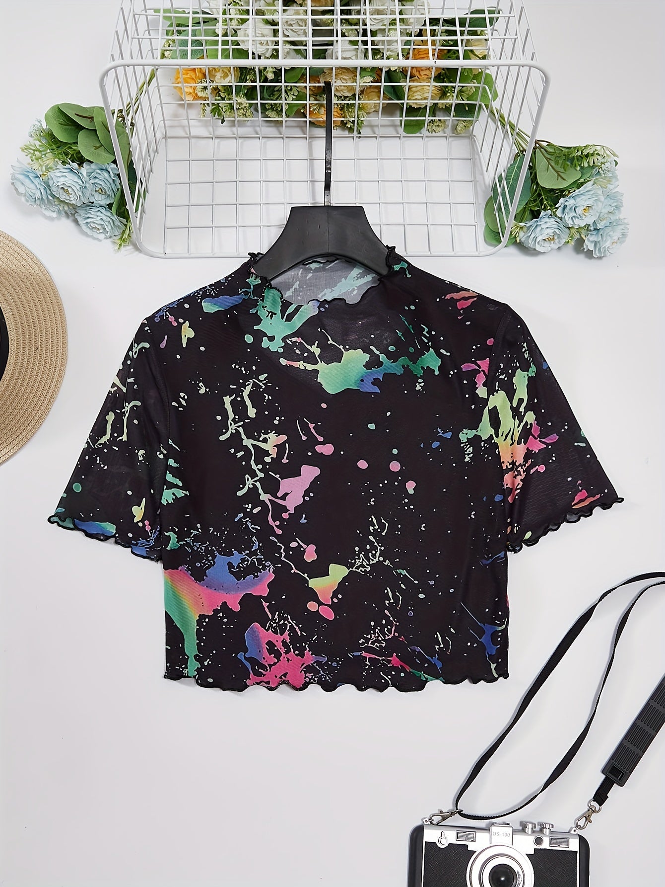 Colorful Print Mock Neck T-shirt, Y2K Short Sleeve Lettuce Trim Crop Semi-sheer Top For Spring & Summer, Women's Clothing