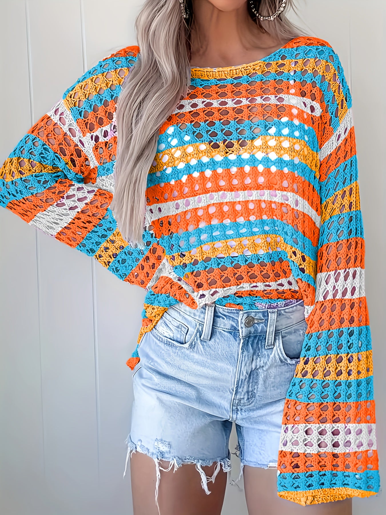 Women's Bohemian One-Shoulder Crochet Cover-Up - Lightweight Lace- Beach Top with Color-Block Design, Short Front & Long Back, Multi-Color Pastel Shades for Spring/Summer Vacation Poolside Casual Wear, Curve Beachwear