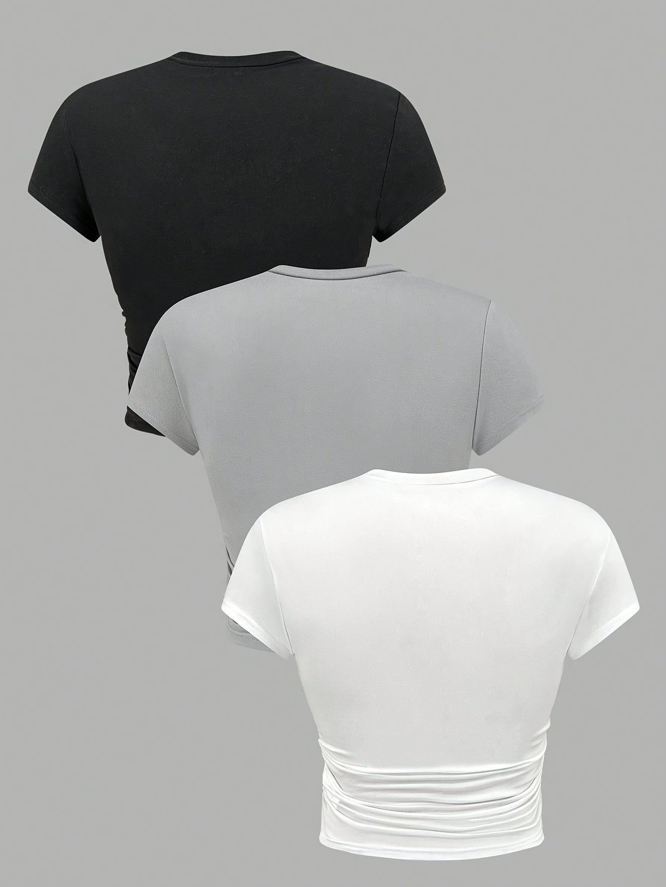 Solid Side Ruched T-shirt 3 Pack, Casual Crew Neck Short Sleeve T-shirt For Spring & Summer, Women's Clothing