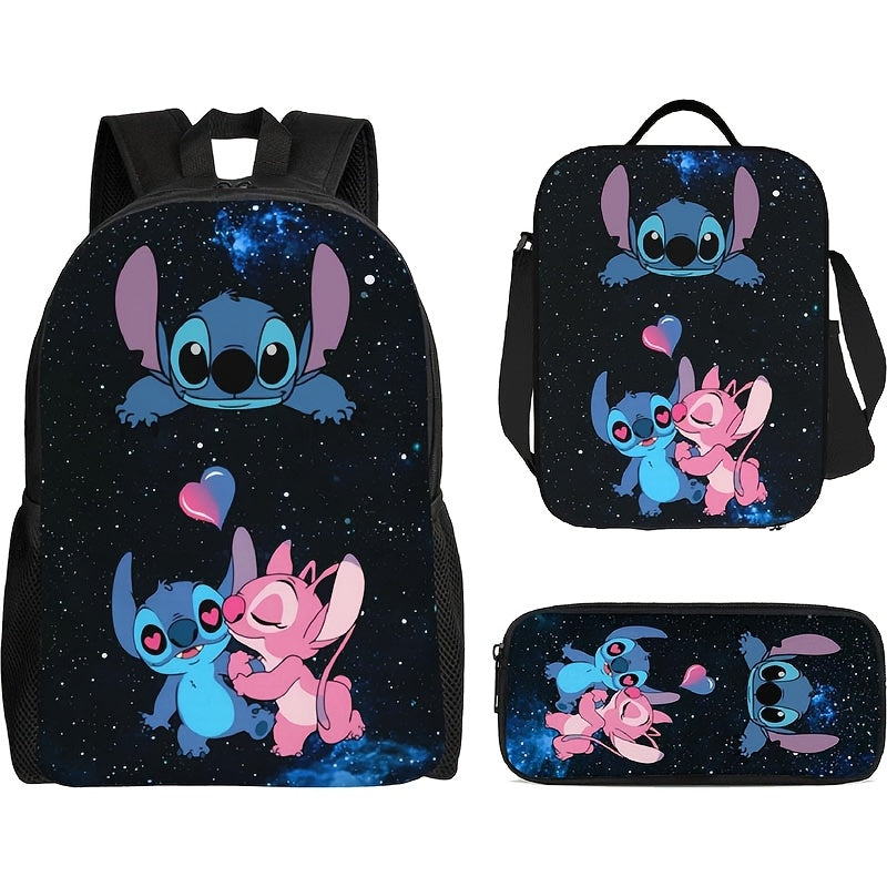 DISNEY Stich 3pcs Backpack Set - Stylish Nylon Backpack with Adjustable Shoulder Strap, Zipper Closure, Tablet Compartment - Includes Lunch Bag And Pencil Case - Lightweight, High Capacity, Hand Wash - Animal Print, Anime The