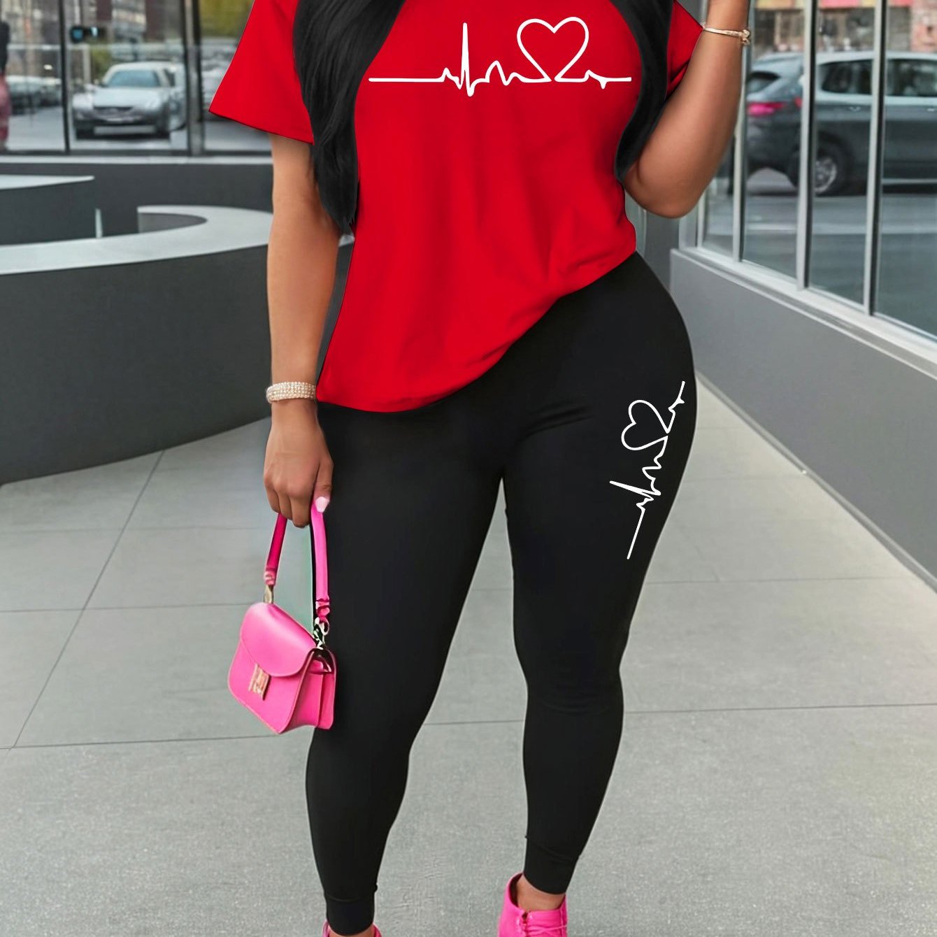 Women'S Love Heart Print Two-Piece Set, Casual Crew Neck Short Sleeve T-Shirt and Knit Polyester Leggings, All-Season Comfort, 96% Polyester 4% Spandex, 180gsm - Red