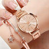Fashionable Women'S Quartz Watch And Bracelet Set, Analog Round Dial, Shock-Resistant Alloy Band And Case, Non- with Button Battery - 1 Watch + 1 Bracelet Combination Package, Gift for Eid, Ramadan