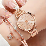 Fashionable Women'S Quartz Watch And Bracelet Set, Analog Round Dial, Shock-Resistant Alloy Band And Case, Non- with Button Battery - 1 Watch + 1 Bracelet Combination Package, Gift for Eid, Ramadan