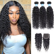3 Bundles Jerry Curly Brazilian Human Hair Extensions with 5x5 HD Closure - Wet and Wavy Virgin Hair, Free Part, Unprocessed, 350g, Natural Black for Stunning Curls