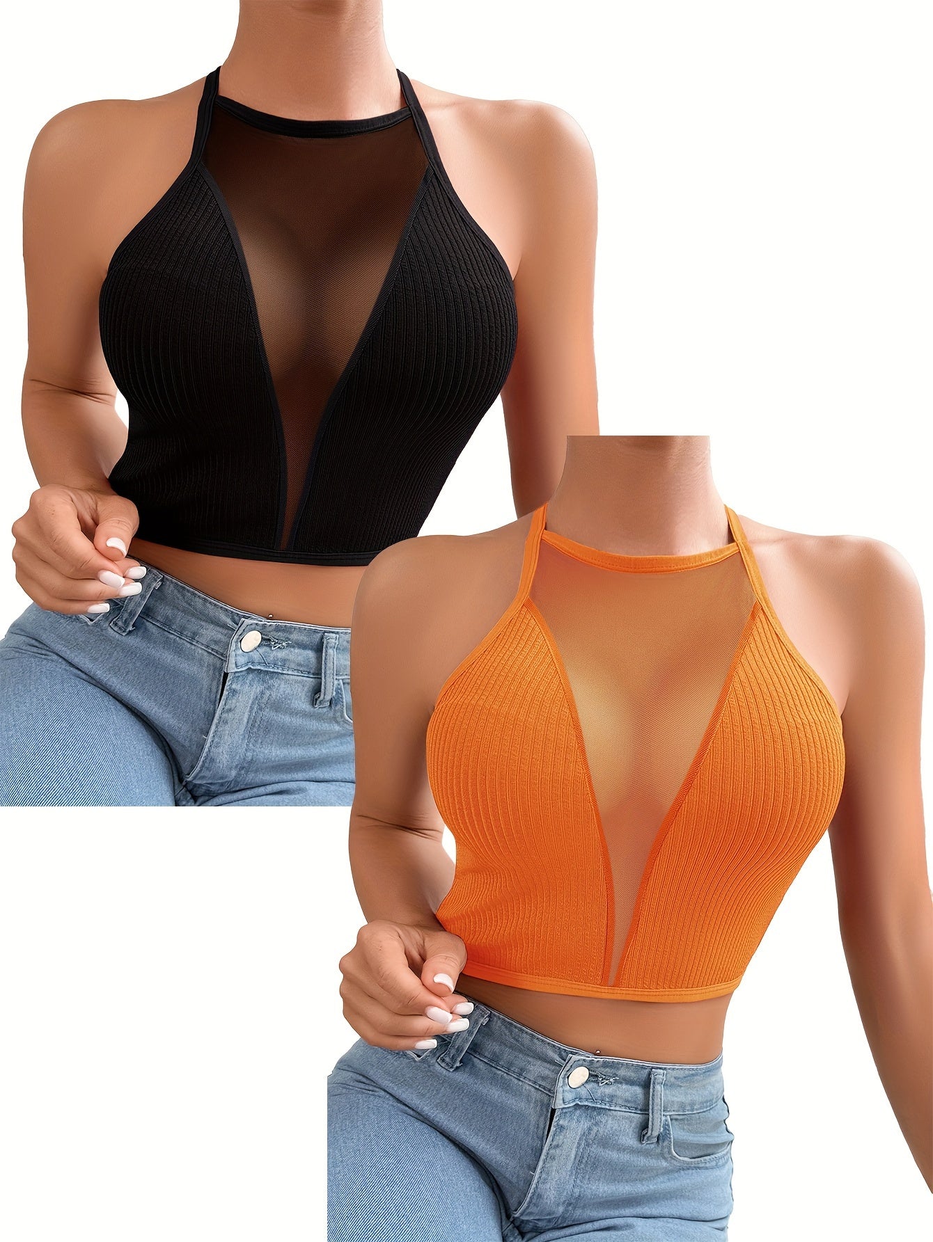 2pcs Elegant Mesh Halter Tank Tops for Women - Sleeveless, Backless with Cross-Neck Straps, Ribbed Texture, Versatile Wear as Casual or Layered, Machine Washable, Nylon & Elastane Blend, in Black & Pink