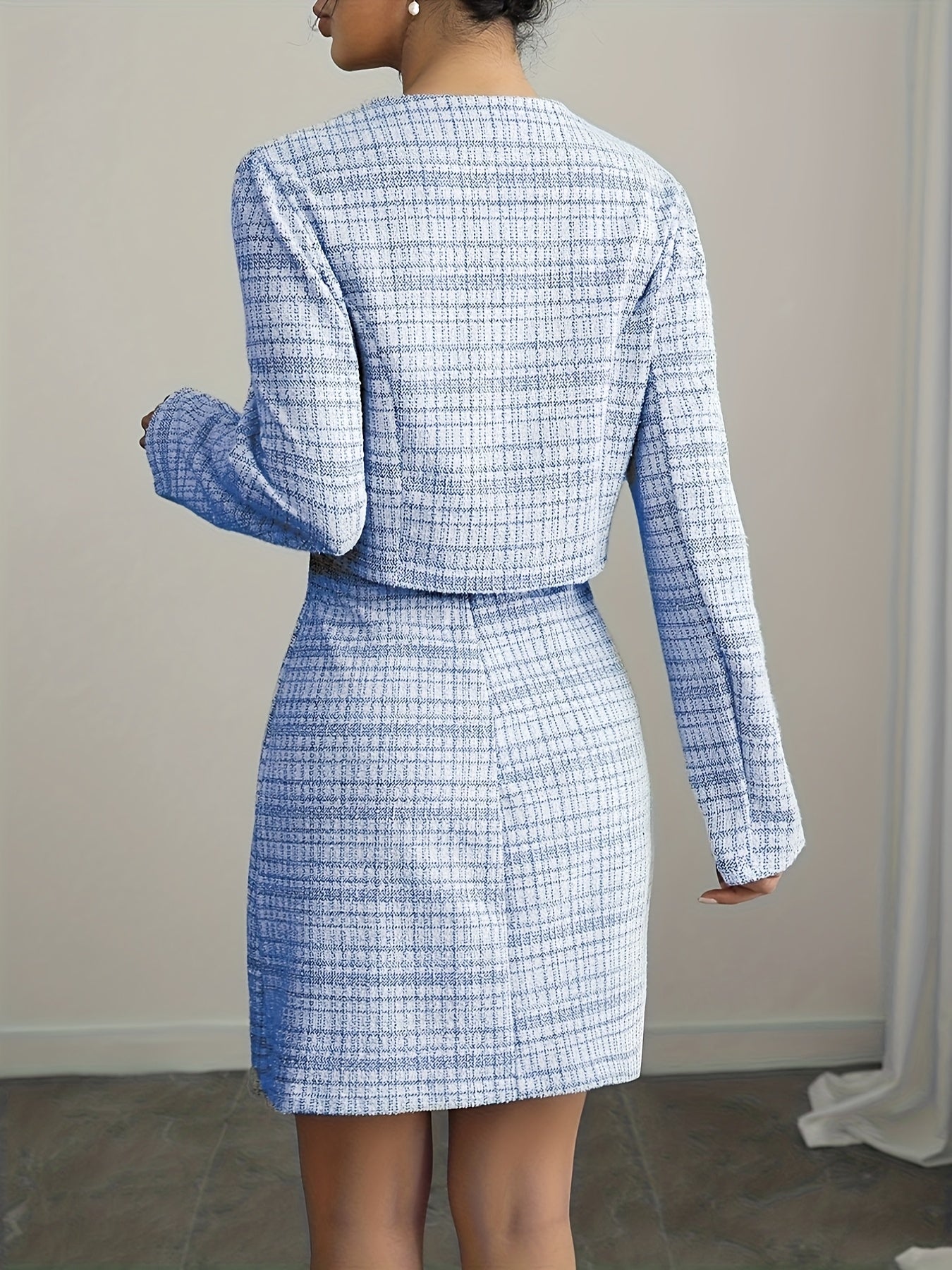 Women'S Elegant Plaid Dress and Jacket Set - A-Frame Mini Dress with Button Front, Stretchy Polyester Fabric, Perfect for Fall and Winter, Stylish and Comfortable Outfit|Chic Mini Dress|Buttoned Jacket, Cute Dresses