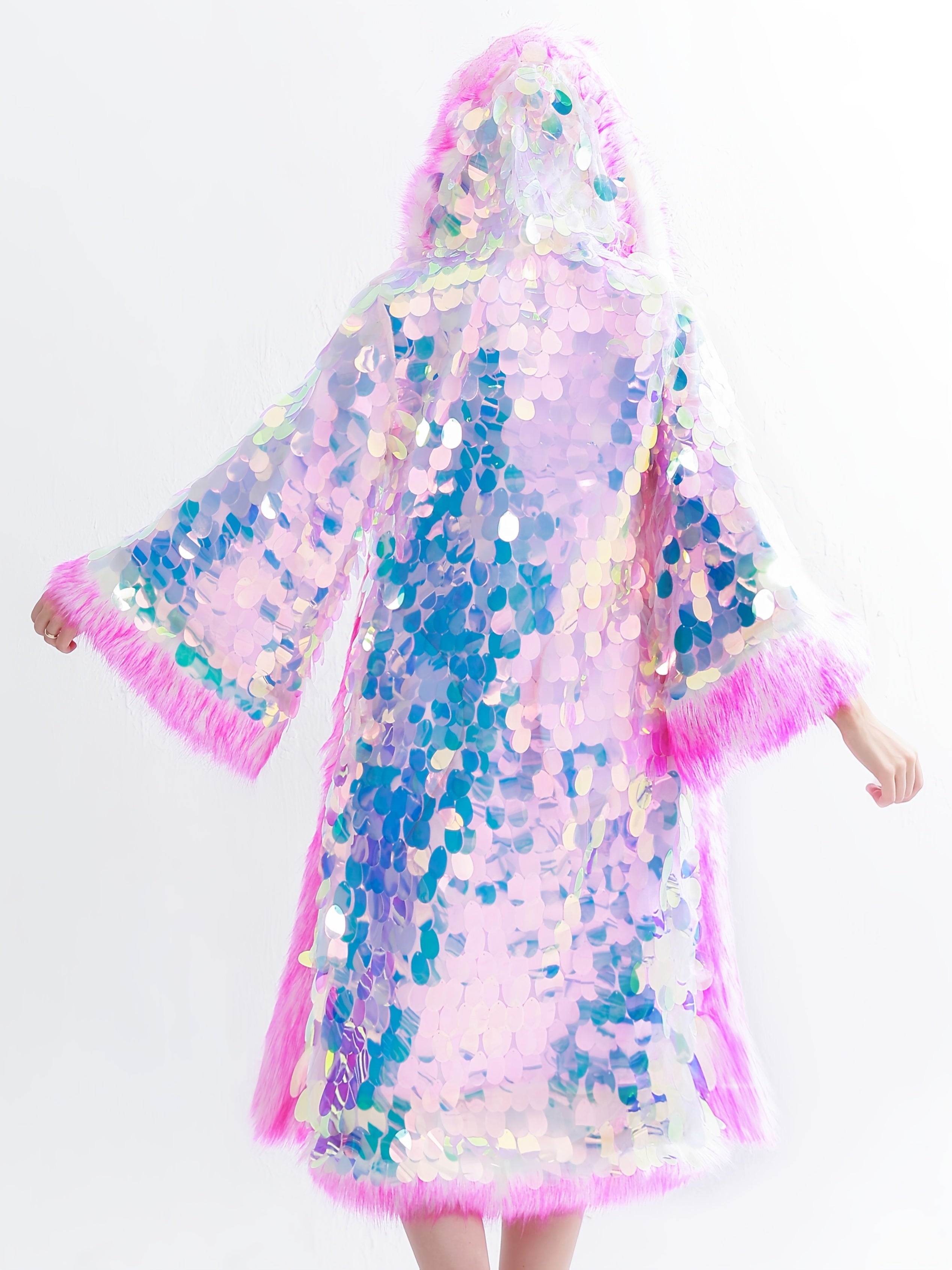 Women's LED Sequin Faux Fur Coat - Long Hooded Festival & Cosplay Outfit, USB-Powered, Flare Sleeves, Mermaid Tail Design, Vibrant Pink to Blue Gradient (Batteries Not Included), Cosplay Costume | Sequin Embellished | LED Lit