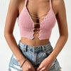 Elegant Pink Acrylic Knit Halter Top for Women - Deep V-Neck with Chain Detail, Crisscross Backless Crop Tank, Perfect for Spring/Summer/Fall