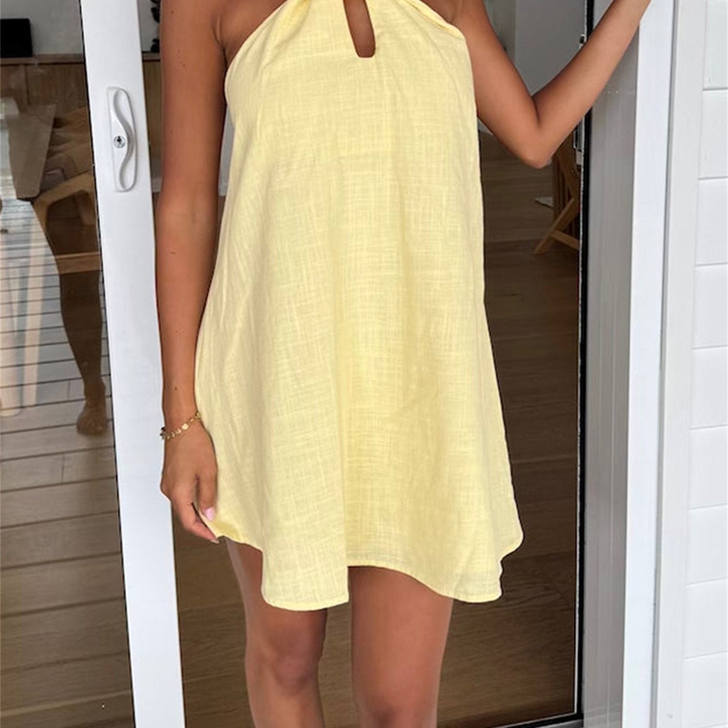 Women's Boho Floral Halter Neck Dress - Open Back Tie-Up Waist Sleeveless Mini Dress with Pink Flowers on White, Lightweight Summer Casual Beach Dress, Machine Washable, Beach Dresses, Festive Occasion Attire, Nontransparent