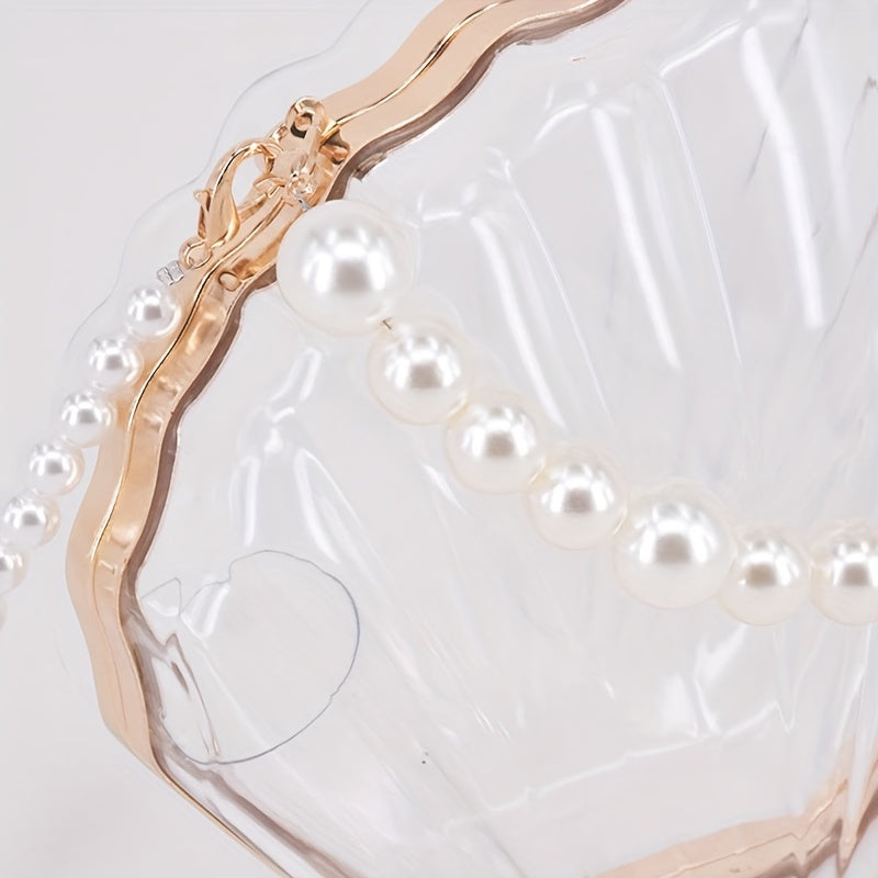 Casual Acrylic Pearl Beaded Shell Crossbody Bag with Removable Strap, Transparent Unlined Clutch with Buckle Closure, Checkpoint-Friendly Fashion Accessory