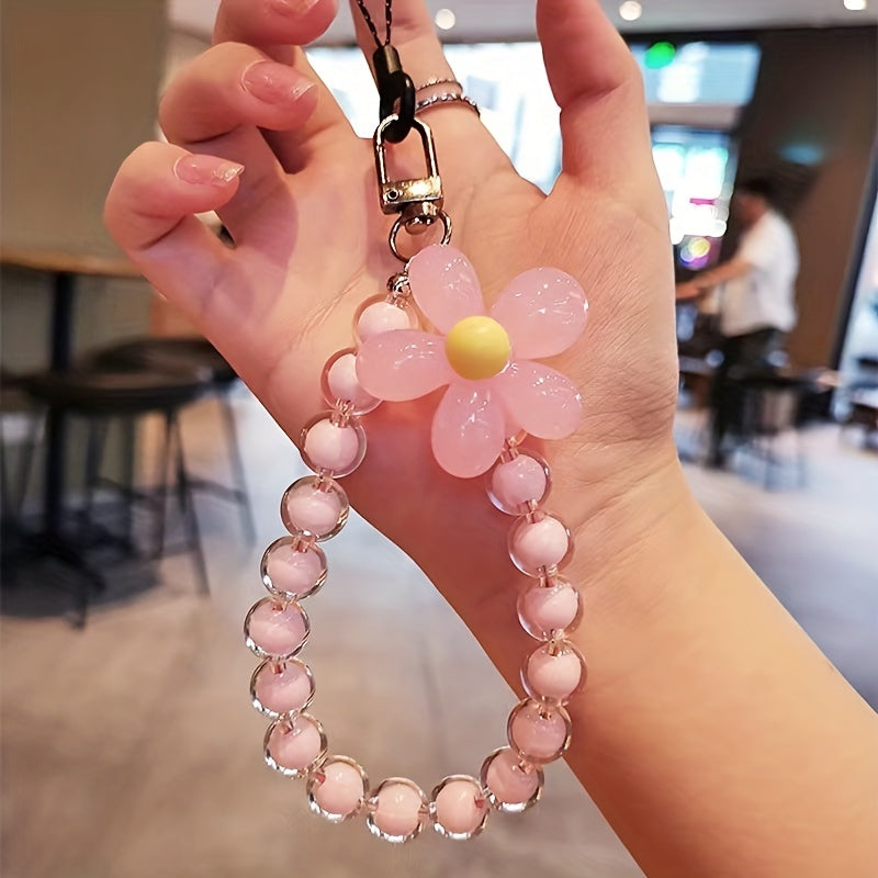 Handmade Flower Macaron Colorful Beaded Wrist Strap Mobile Phone Lanyard
