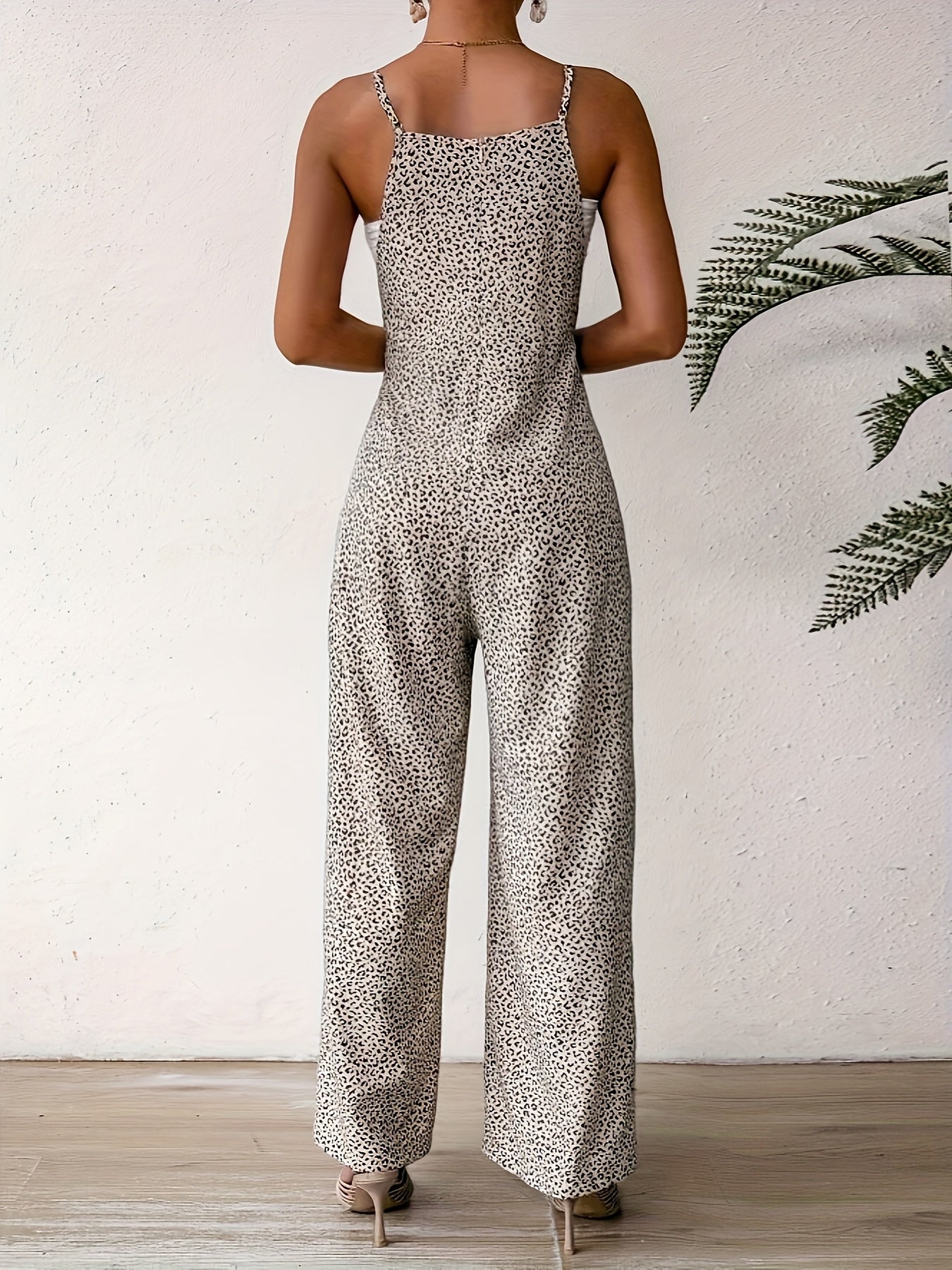 Elegant Leopard Print Women'S Jumpsuit with Cat Ears, Straight Leg Pasta Strap Romper, Summer Fashion for Adults